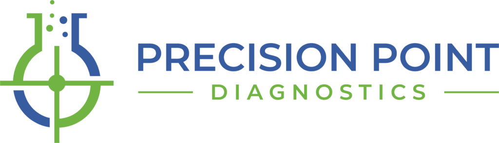 Precision point diagnostics logo in blue and green writing